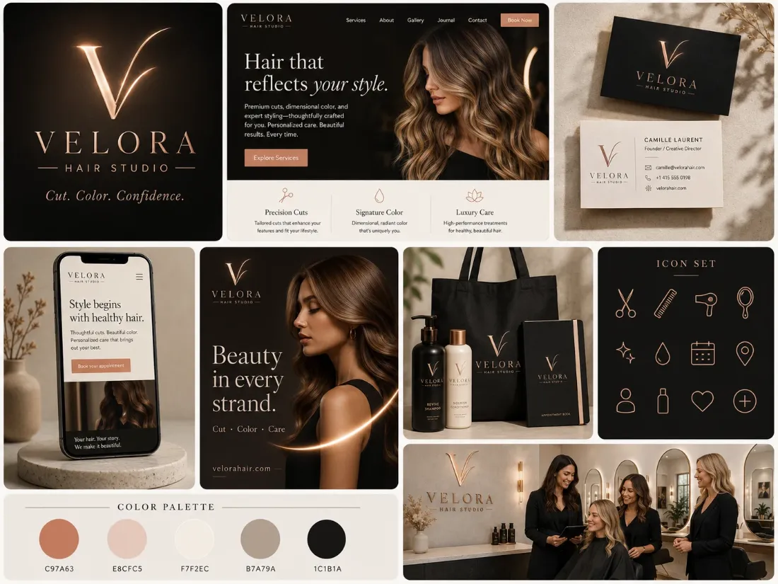 Exemple de marque Velora (salon de coiffure) : logo, palette, site et supports imprimés