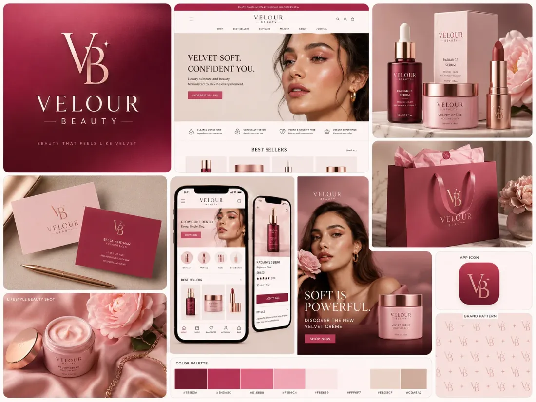 Exemple de marque Velour (marque de cosmétiques) : logo, palette, site et supports imprimés
