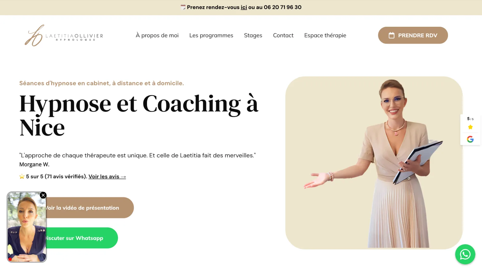 Page d'accueil du site de Laetitia Ollivier, hypnologue à Nice, réalisé par Shake